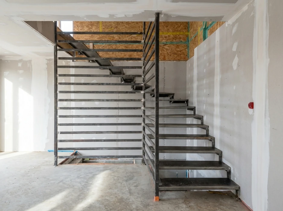 Chantier intérieur en cours, escalier métallique en construction avec limon central et marches en acier brut