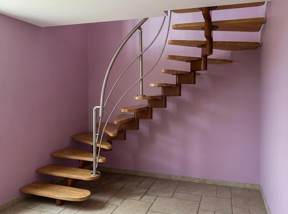 Escalier intérieur en bois massif avec structure centrale (limon central), marches flottantes en bois de teinte miel aux angles arrondis, sans contremarches