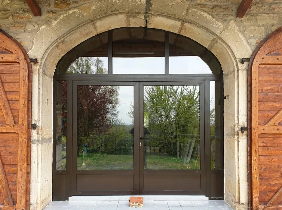 Entrée extérieure d'un bâtiment en pierre de taille avec arc en plein cintre
