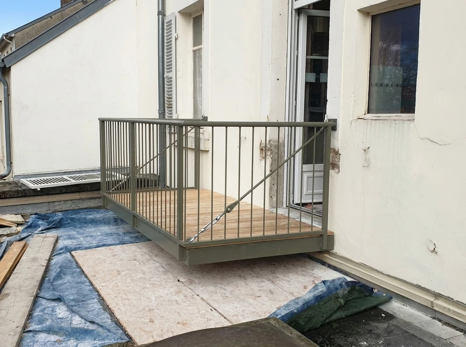 Terrasse extérieure en cours de construction, fixée en façade d'un bâtiment ancien