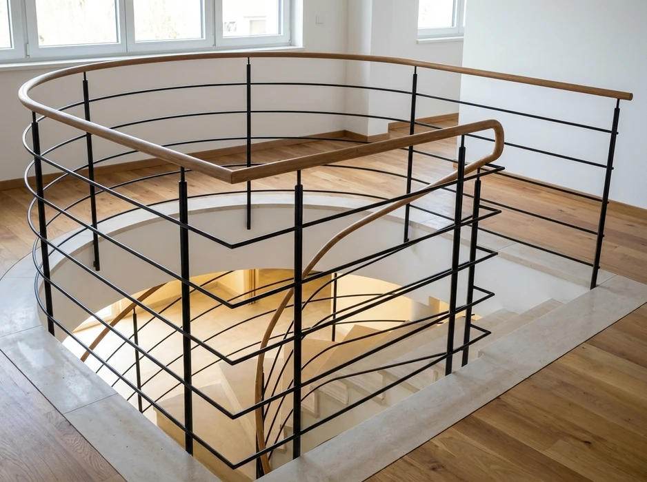 Escalier hélicoïdal en colimaçon vu en plongée depuis le palier supérieur