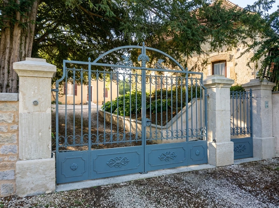 Portail double battant en fer forgé bleu-gris, ornemental, encadré de piliers en pierre calcaire