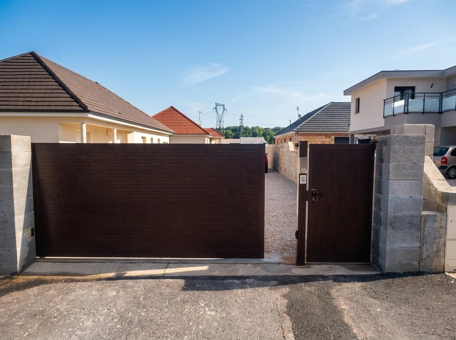 Portail coulissant motorisé en aluminium finition bois wengé, monté sur rails au sol, flanqué d'une portillon piéton assorti avec serrure et interphone