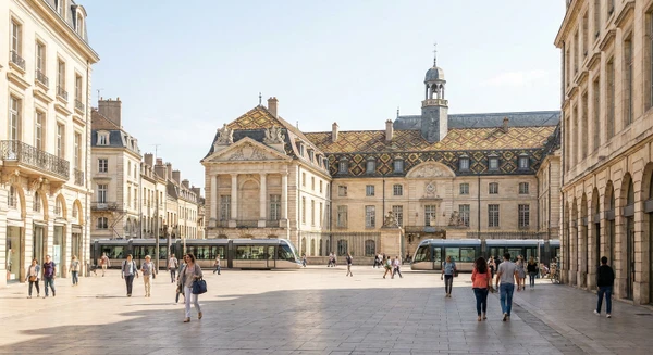 Photographie d'une rue embl&eacute;matique ou d'un quartier reconnaissable de Dijon (par exemple la Place de la Lib&eacute;ration, le Palais des Ducs, ou une avenue typique du centre-ville) avec architecture et contexte urbain clairement visible, permettant d'identifier visuellement la ville tout en restant professionnelle et accueillante pour illustrer les interventions locales de M&eacute;tallerie Moullet.