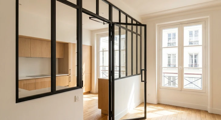 Artisan vitrier en tenue de travail professionnelle avec ceinture porte-outils installe une cloison vitrée dans un espace intérieur moderne