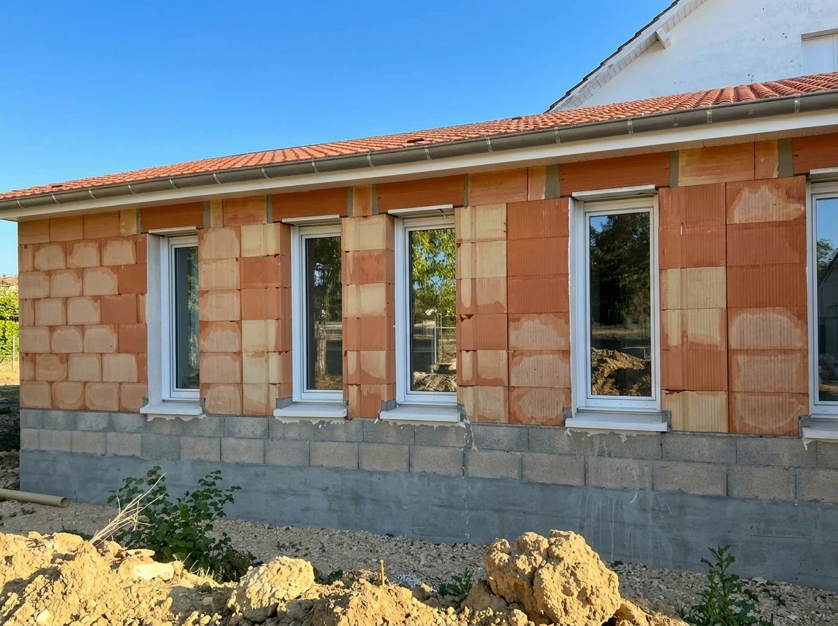 Extension de maison en cours de construction, vue extérieure