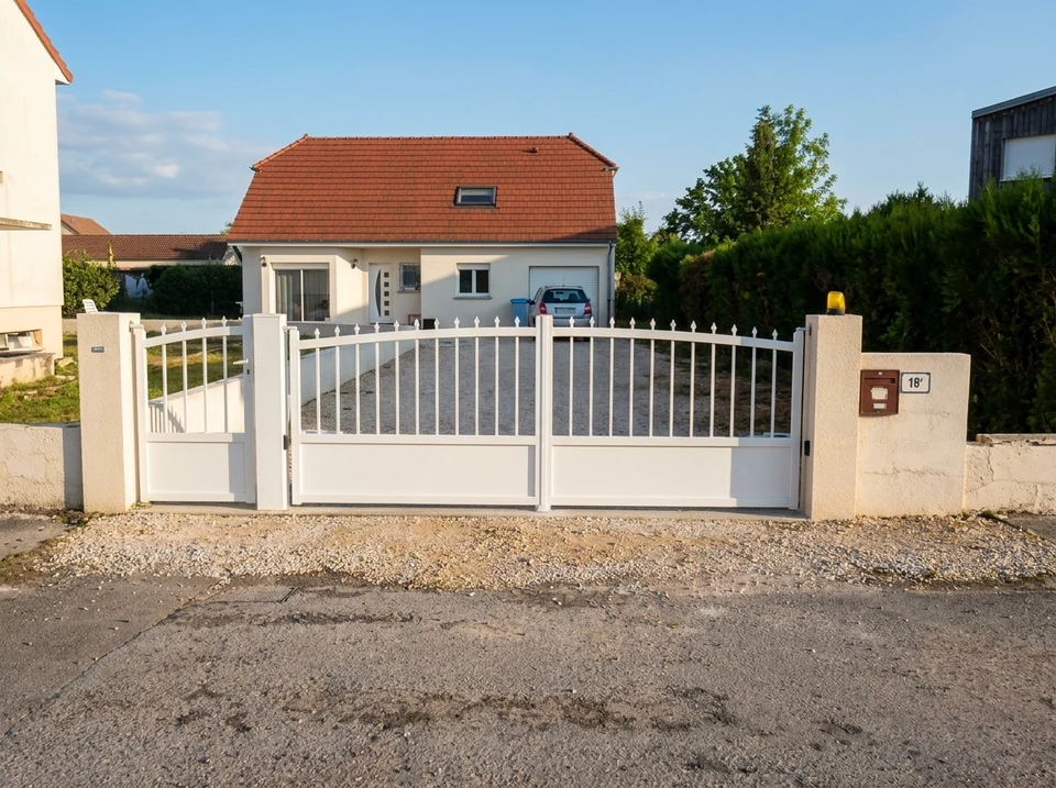 Portail métallique moderne à double battant installé devant une résidence contemporaine