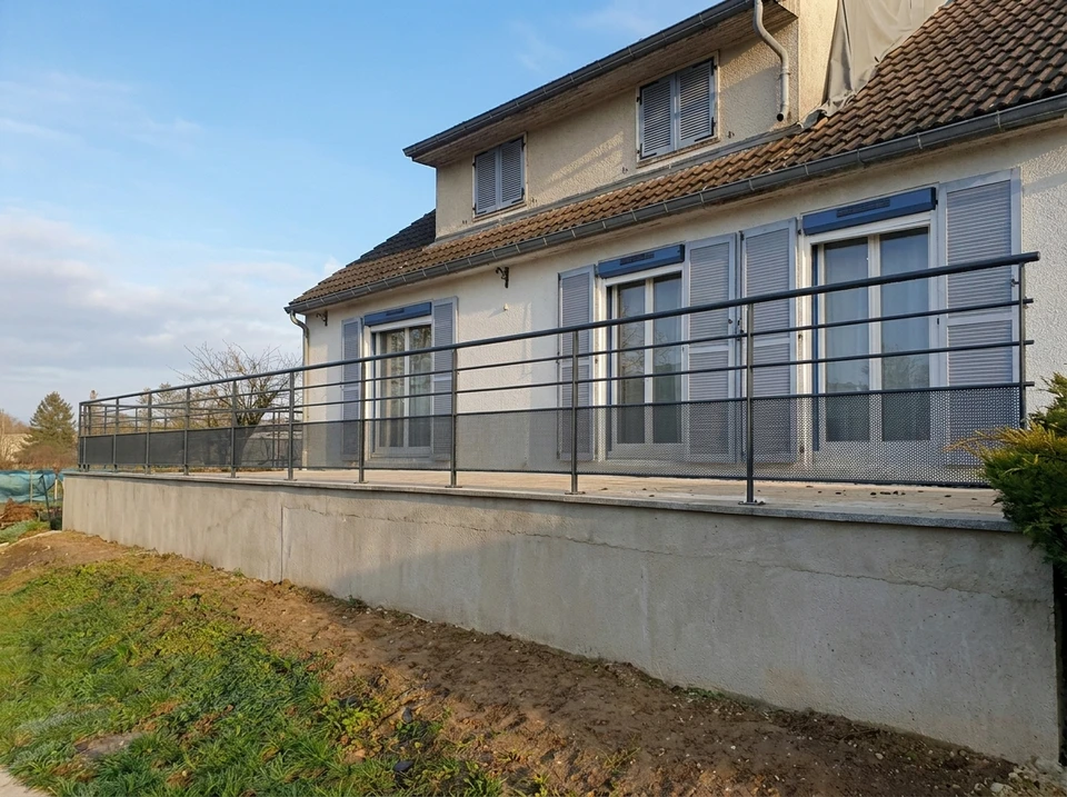Balustrade extérieure en fer forgé avec motifs décoratifs circulaires et ornements en volutes