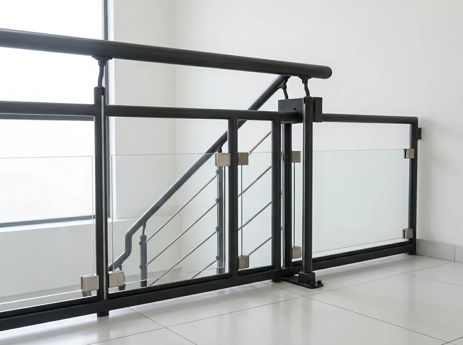 Escalier ext&eacute;rieur m&eacute;tallique en acier galvanis&eacute; avec marches perfor&eacute;es antid&eacute;rapantes et garde-corps &agrave; barreaudage vertical